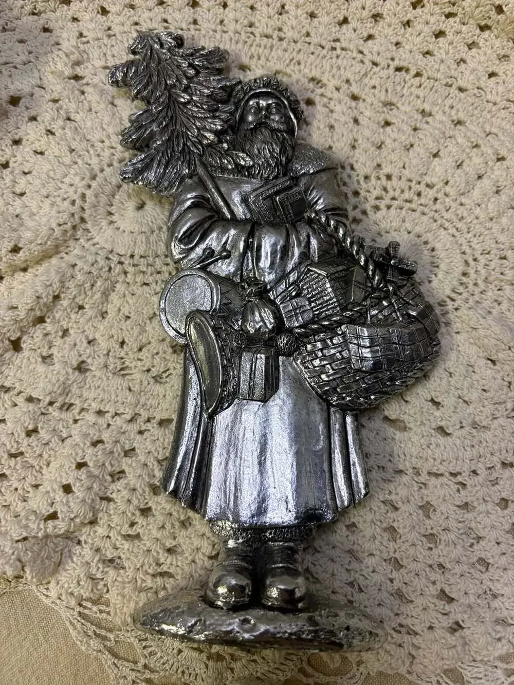 Vintage Silver Color Metal Santa Claus St. Nick Christmas Holiday Ornament 3